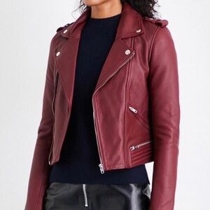 Maje Burgundy Leather Biker Jacket